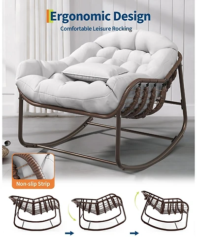 Homfan Rocking Egg Chair with Extra-Thick Cushions, Heavy-Duty 450 lb Capacity Steel Frame and Hand-Woven Pe Wicker for Indoor Outdoor