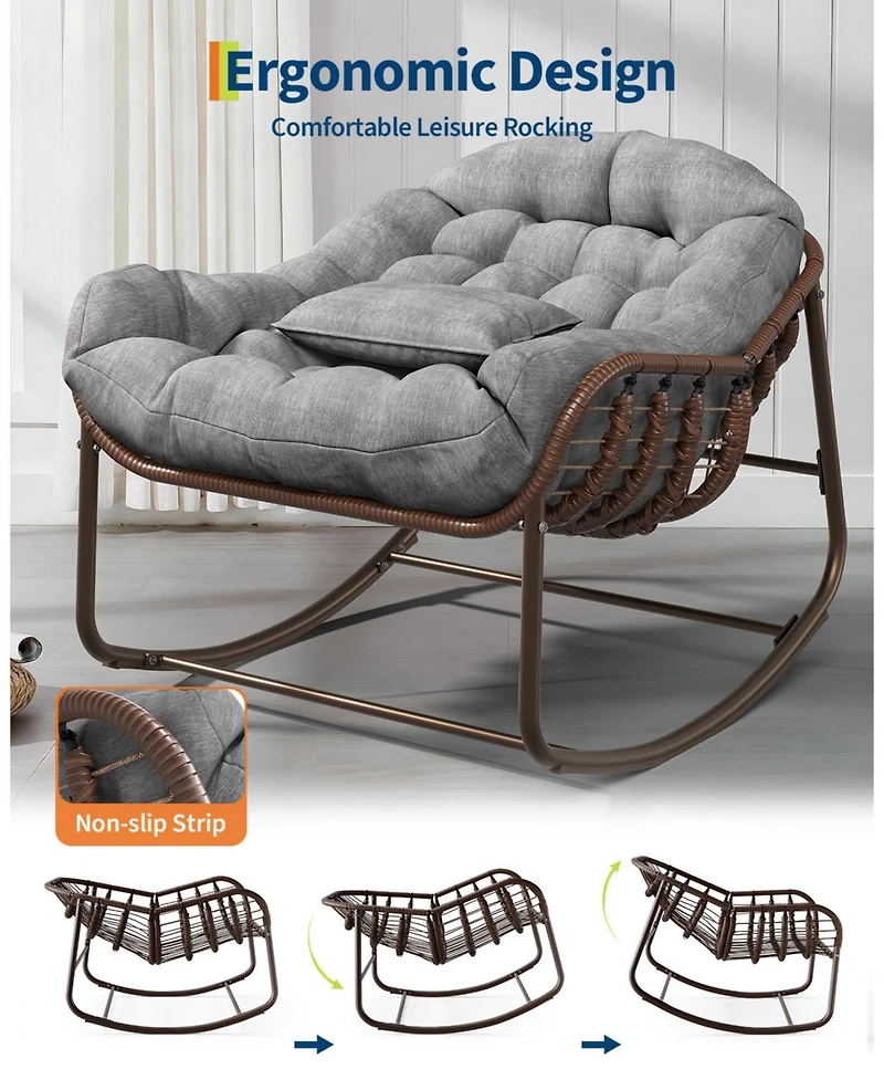 Homfan Rocking Egg Chair with Extra-Thick Cushions, Heavy-Duty 450 lb Capacity Steel Frame and Hand-Woven Pe Wicker for Indoor Outdoor
