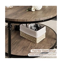 Homfan 34.25 in Industrial Farmhouse Round Coffee Table with 2 Tier Wood Design, Open Storage Shelf, Metal Frame, Easy Assembly
