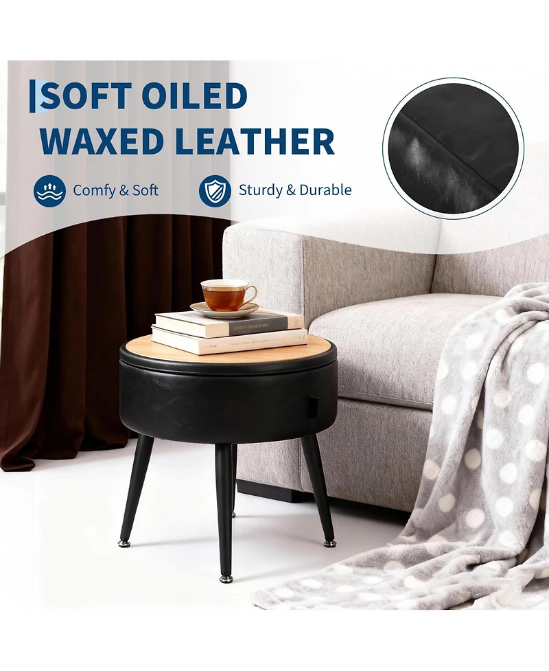 Homfan Modern Storage Ottoman and Vanity Stool, Synthetic Leather Round Seat, 330 lb Capacity Steel Legs, Multi-Functional Footrest and Bedroom Bench