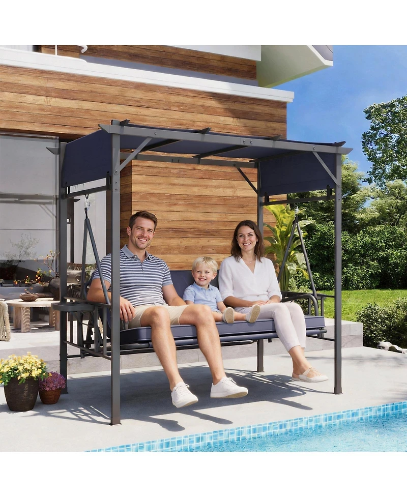 Aecojoy 3 Seat Porch Swing Bed, Outdoor Patio Metal Pergola Swing Bench with Hanging Cloud Hammock Chair