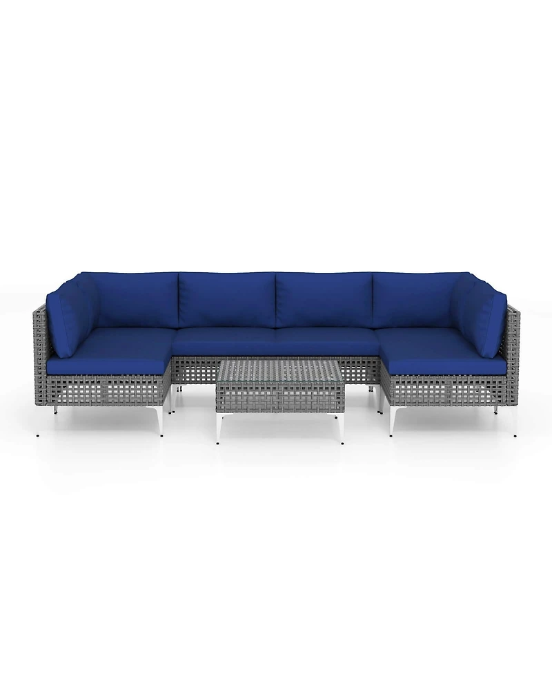 Costway 7 Piece Outdoor Furniture Set with Seat & Back Cushions Tempered Glass Coffee Table