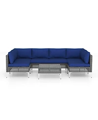 Costway 7 Piece Outdoor Furniture Set with Seat & Back Cushions Tempered Glass Coffee Table