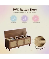 Yigii Shoe Bench Lift Top Storage 2-Tier Rattan Doors 55" Large Cabinet Seat Hallway Living Room