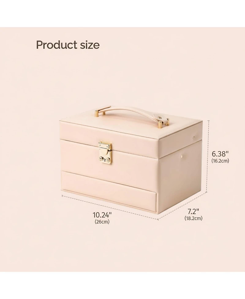 Yigii 3 Layers Leather Jewelry Storage Box with Mirror Removable Tray Portable Travel Organizer for Women