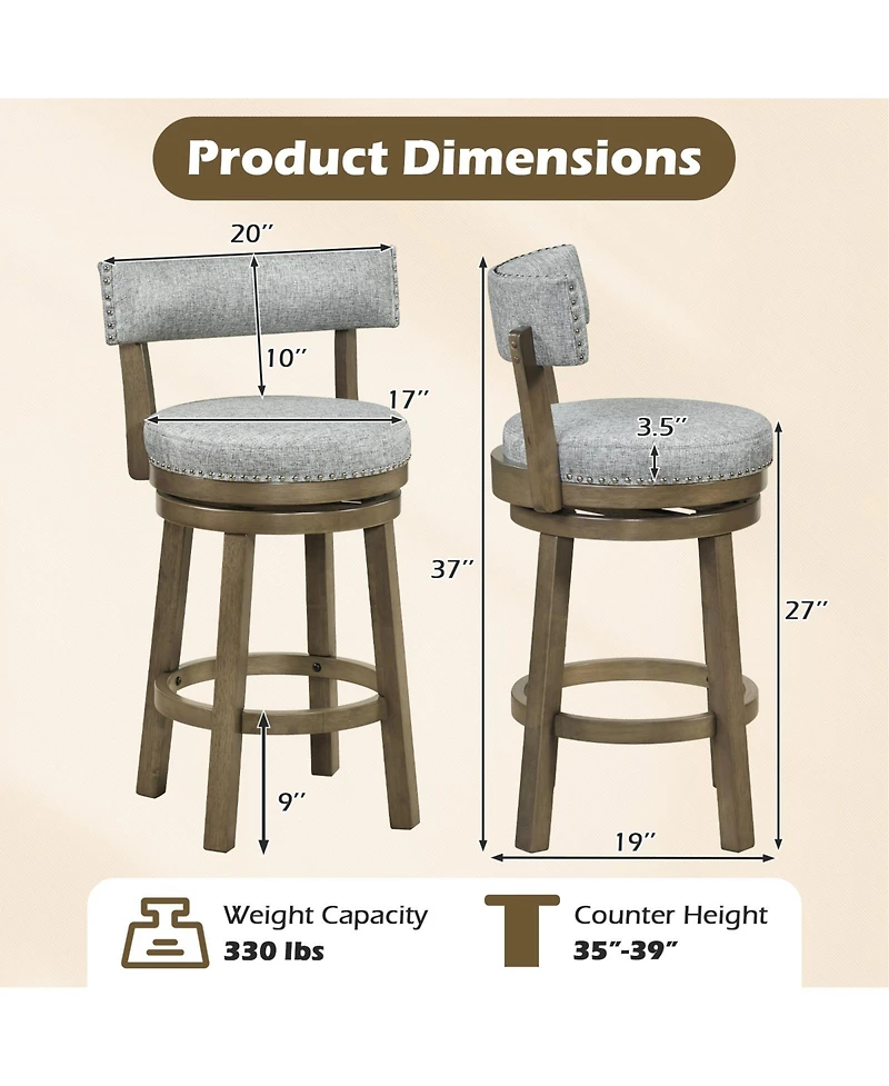 Gymax Swivel Counter Height Bar Stool Upholstered Barstool with Padded Back and Rubber Wood Legs