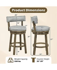Gymax Swivel Counter Height Bar Stool Upholstered Barstool with Padded Back and Rubber Wood Legs