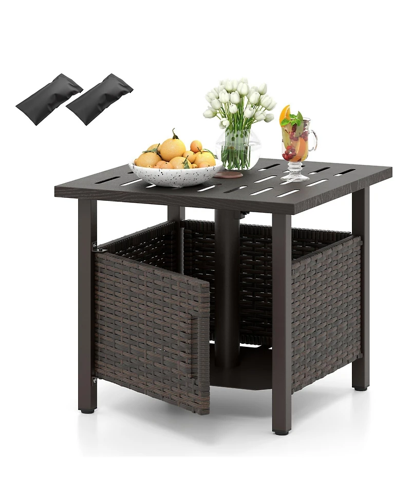 Slickblue All-Weather Pe Wicker Patio Side Table with Umbrella Hole for Outdoor Use