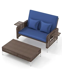Sugift 2 Piece Patio Rattan Daybed Wicker Loveseat and Ottoman with Adjustable Backrest