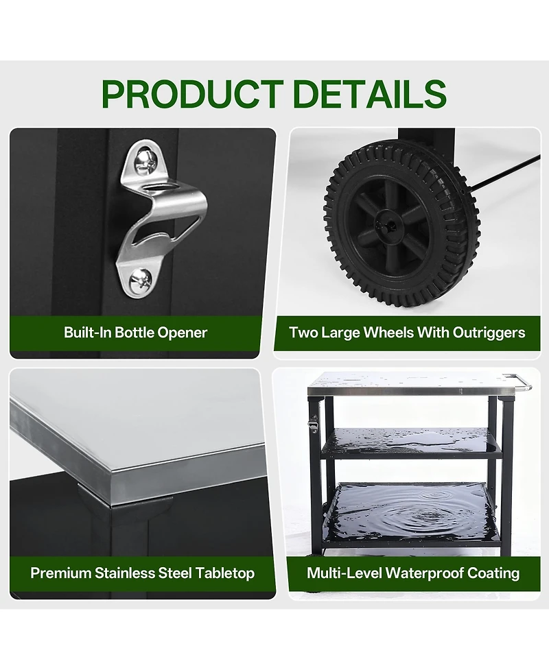 Flynama 3-Tier Black Outdoor Grill Cart with Stainless Steel Top