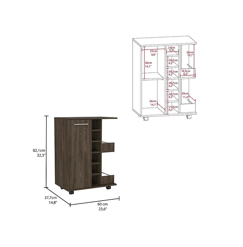 Flynama Dark Bar Cart with 4 Casters, Cabinet and 6 Bottle Cubbies