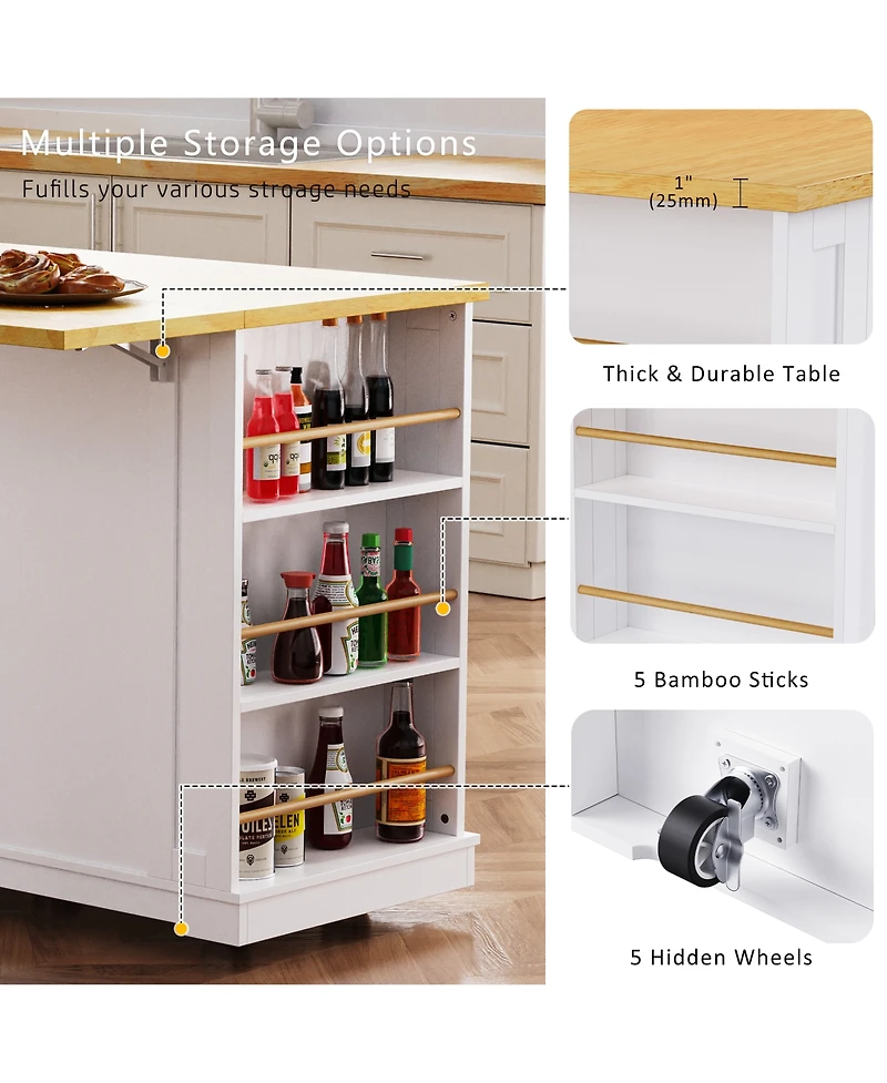 Flynama 53" White Kitchen Island with 2 Bar Stools and Power Outlet, Rolling Storage Cart on 5 Wheels