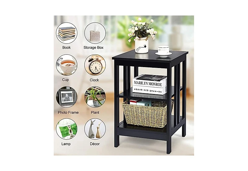 Gouun Set of 2 3-Tier Nightstands with Reinforced Side Bars and Open Shelves