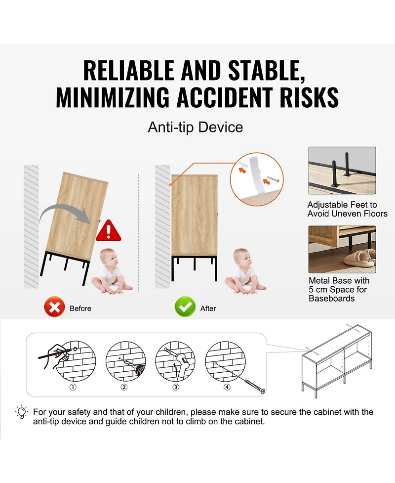 Gouun Rattan Cabinet, Rattan Storage Cabinet with 4 Magnetic Doors and Adjustable Shelves, Sideboard Buffet Cabinet for Hallway, Entryway, Living Room