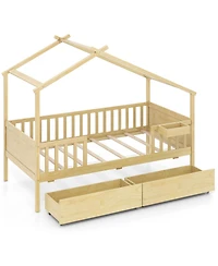 Sugift House Bed with Storage Drawers Roof and Guardrails