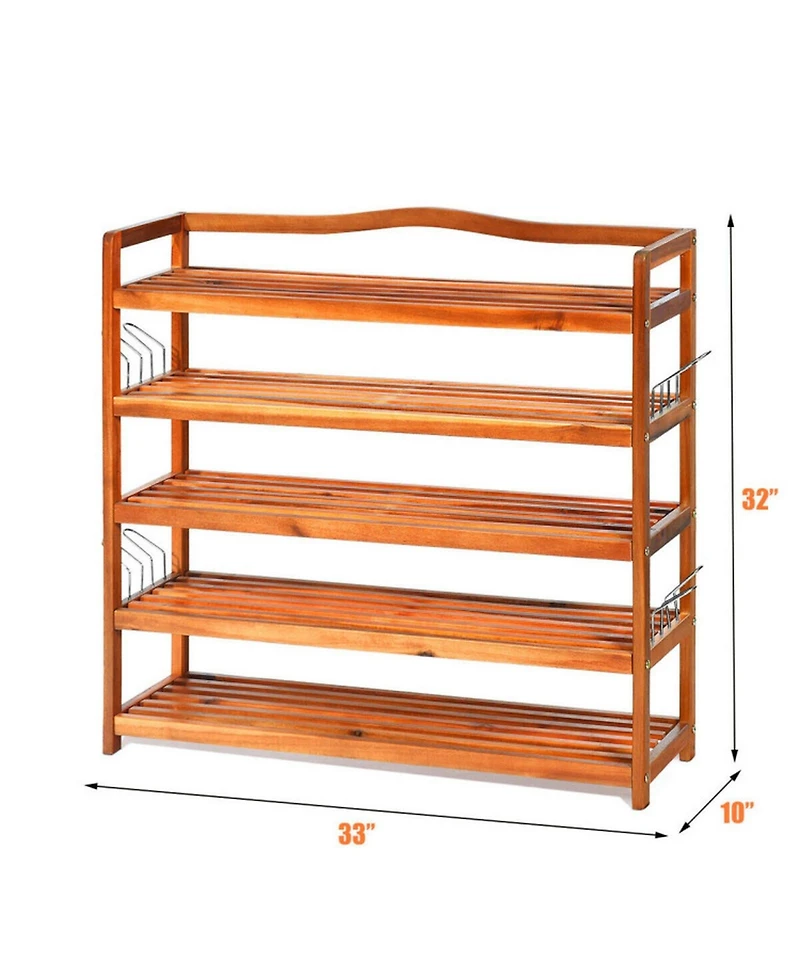 Gouun 5-Tier Acacia Wood Shoe Rack with Side Hooks Holding 12-18 Pairs