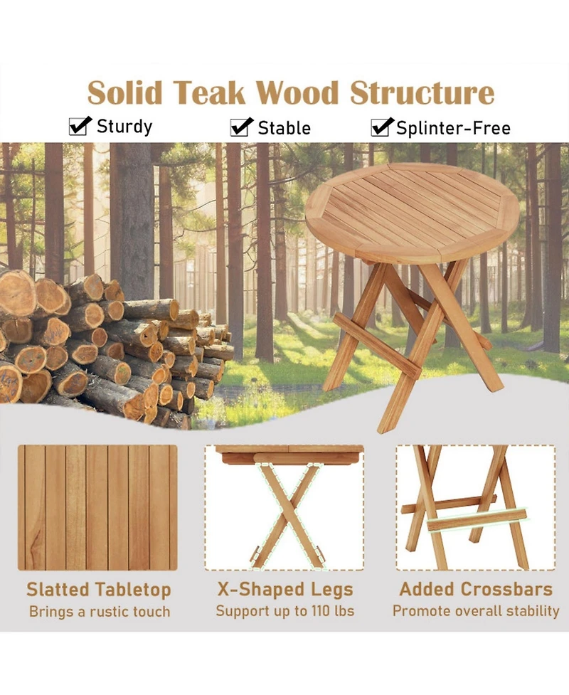 Gouun Folding Teak Wood Outdoor End Table with Slatted Top and X-Shaped Legs