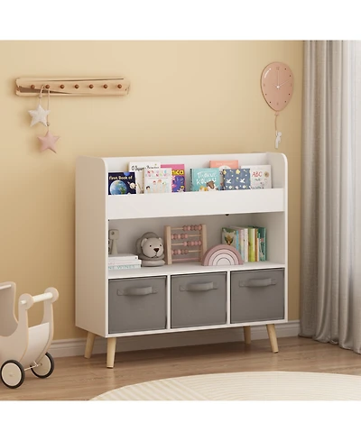 Rainsken Kids Bookshelf with 3 Fabric Storage Bins, Modern Children's Bookcase with Storage for Toys and Books, for Playroom and Bedroom