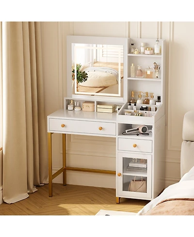 Homfan Vanity Desk, Vanity Table, Makeup Dressing Table with 3 Color Led Lighted Mirror and Power Outlet, 2 Drawers, Storage Shelves for Women, Girls