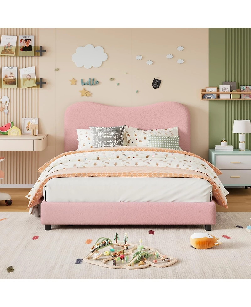 Homfan Soft Upholstered Kids Bed Frame with Headboard, Low Profile Platform, Strong Wooden Slats, Noise-Free, No Box Spring Needed