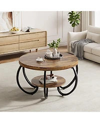 Homfan Modern Industrial 30" Round Coffee Table - 2-Tier Wood and Metal with Open Shelf, Adjustable Feet, Living Room Furniture