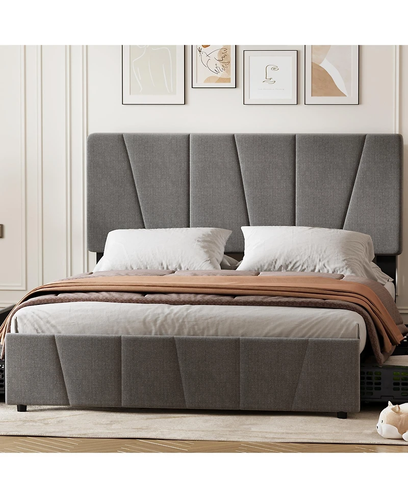 Homfan Bed Frame with Adjustable Headboard - Multiple Storage Drawers - Wooden Slats - No Box Spring Needed - Modern Bedroom Furniture