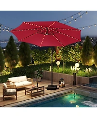 Gouun 10 ft Solar Offset Hanging Patio Umbrella with Base, 96 Led Lights and 360-Degree Rotation