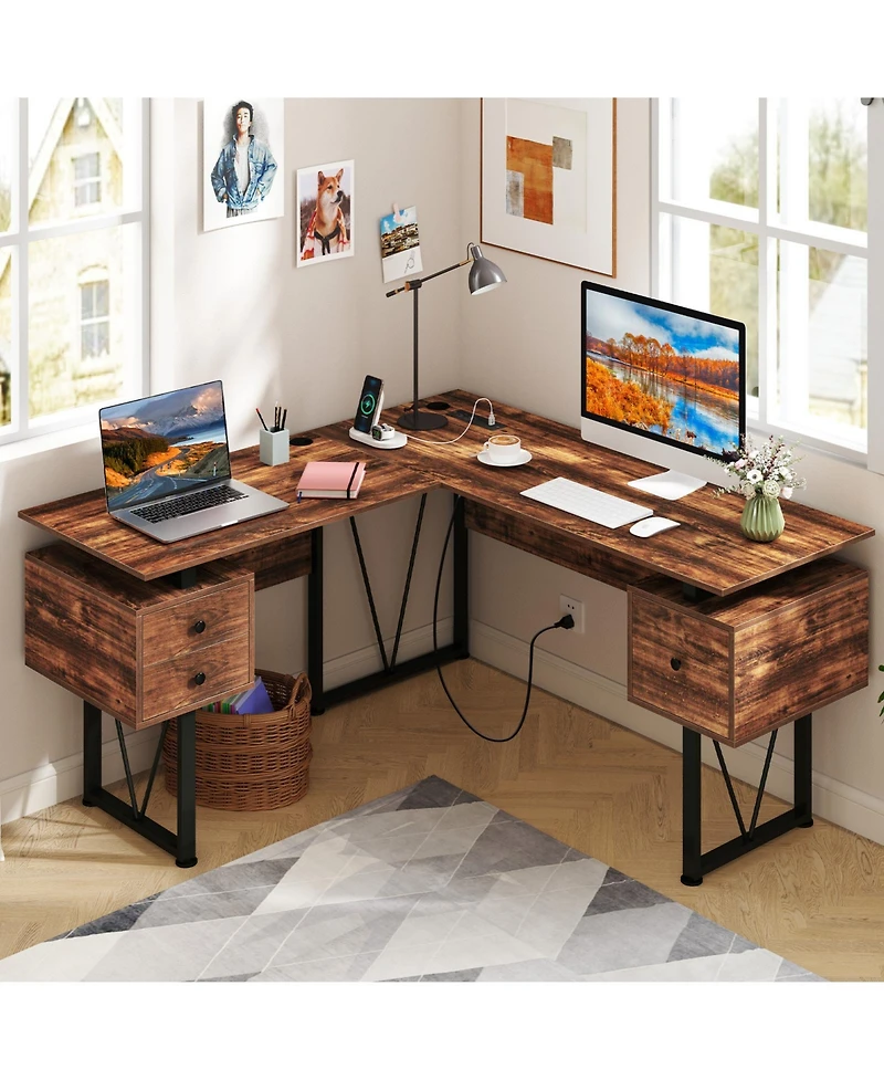 Gouun L-Shaped Desk with Power Outlets and 3 Drawers