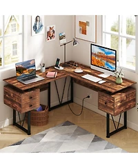 Gouun L-Shaped Desk with Power Outlets and 3 Drawers