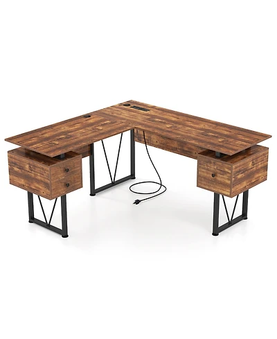 Gouun L-Shaped Desk with Power Outlets and 3 Drawers