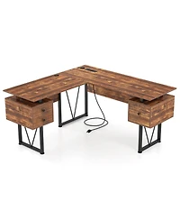 Gouun L-Shaped Desk with Power Outlets and 3 Drawers