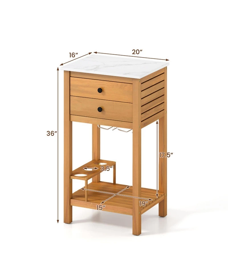 Sugift Patio Acacia Wood Storage Cabinet Buffet Bar Table with Faux Marble Countertop