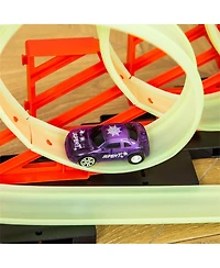 Yobtop Diy glow-in-the-dark track builder with spider loop, pull-back car and lights, 33.75-inch race track fun.