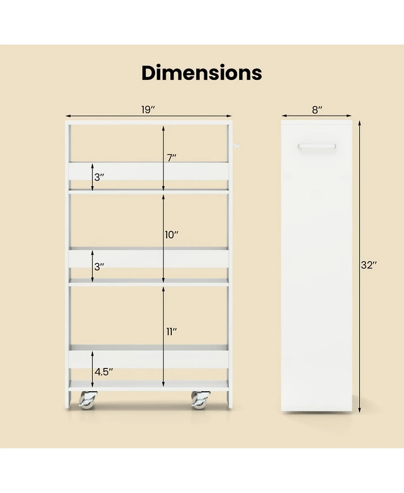 Gouun 4-Tier Slim Rolling Kitchen Cart with Open Shelves and Guard Rails