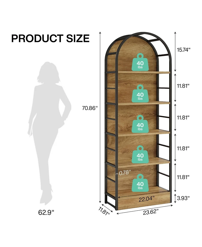 Tribesigns 5 Tier Arched Bookcase, Industrial Open Book Shelves for Living Room, Freestanding Display Shelving Storage Rack