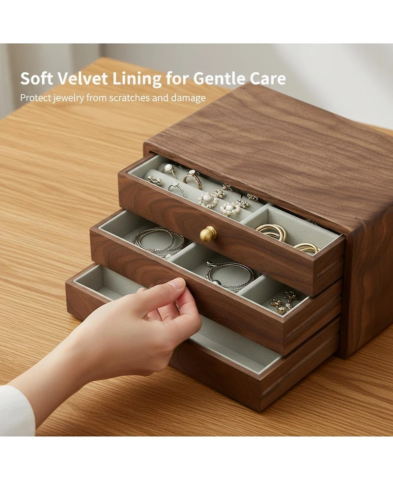 Yigii Solid Black Walnut Jewelry Organizer Box 3 Drawers Velvet Lined Brass Handles Large Storage