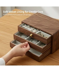 Yigii Solid Black Walnut Jewelry Organizer Box 3 Drawers Velvet Lined Brass Handles Large Storage