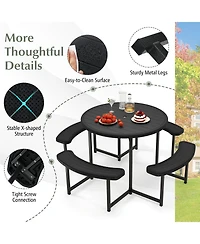 Sugift Round Picnic Table Bench Set with 4 Benches and Umbrella Hole for Patio Outdoor