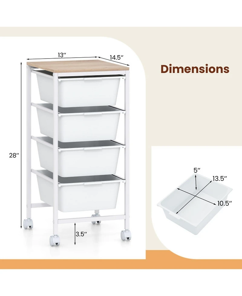 Gouun 5-Drawer Rolling Storage Cart with Wooden Tabletop, Metal Frame and Lockable Casters