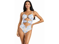 La Moda Clothing Women's Blue Floral Cut-Out One Piece Swimsuit