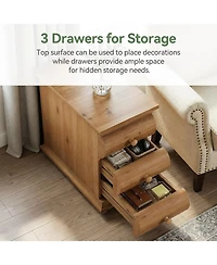 Tribesigns Solid Wood End Table, 3 Drawers Narrow Sofa Side Table with Finished Back, Rustic Slim Nightstand Bedside Table