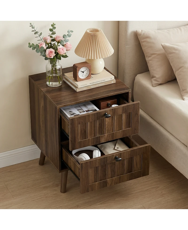 Rainsken Mid-Century Modern Nightstand Set of 2, Double-drawer Bedside Table with Solid Wood Legs for Bedroom, Home Office, Walnut