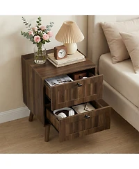 Rainsken Mid-Century Modern Nightstand Set of 2, Double-drawer Bedside Table with Solid Wood Legs for Bedroom, Home Office, Walnut