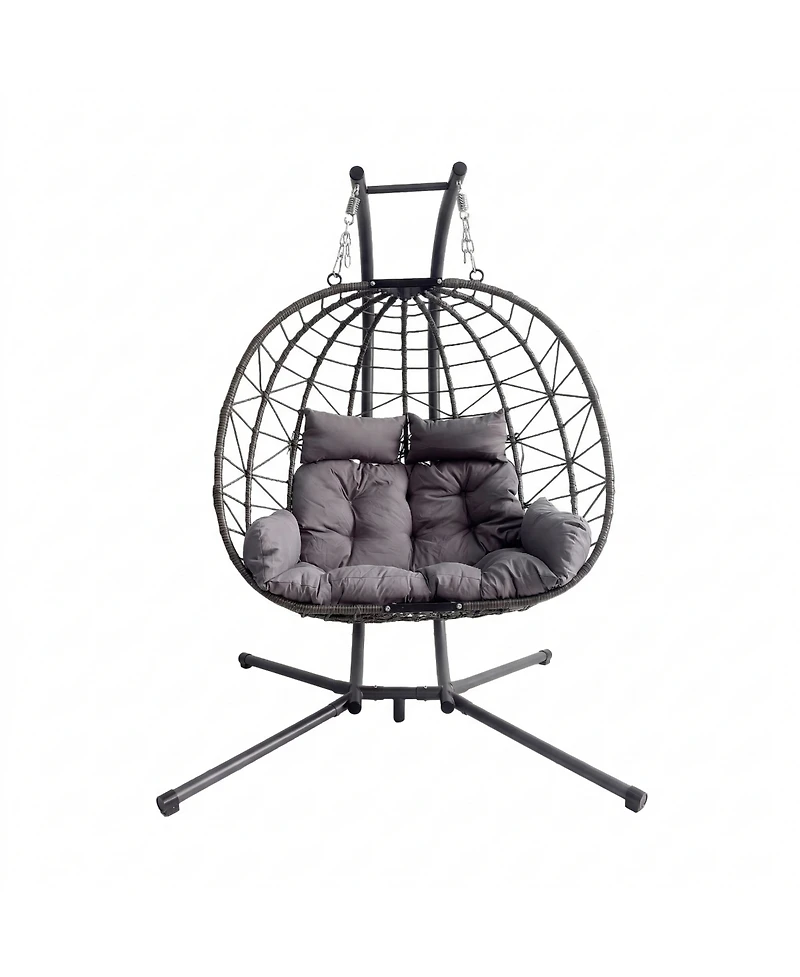 Rainsken Double Hanging Egg Chair, Oversized 2-Person Indoor Outdoor Hammock Swing Chair with Stand and Cushions for Bedroom, Balcony, Garden