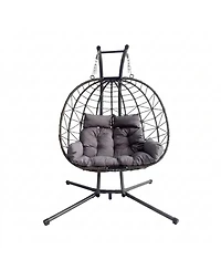 Rainsken Double Hanging Egg Chair, Oversized 2-Person Indoor Outdoor Hammock Swing Chair with Stand and Cushions for Bedroom, Balcony, Garden