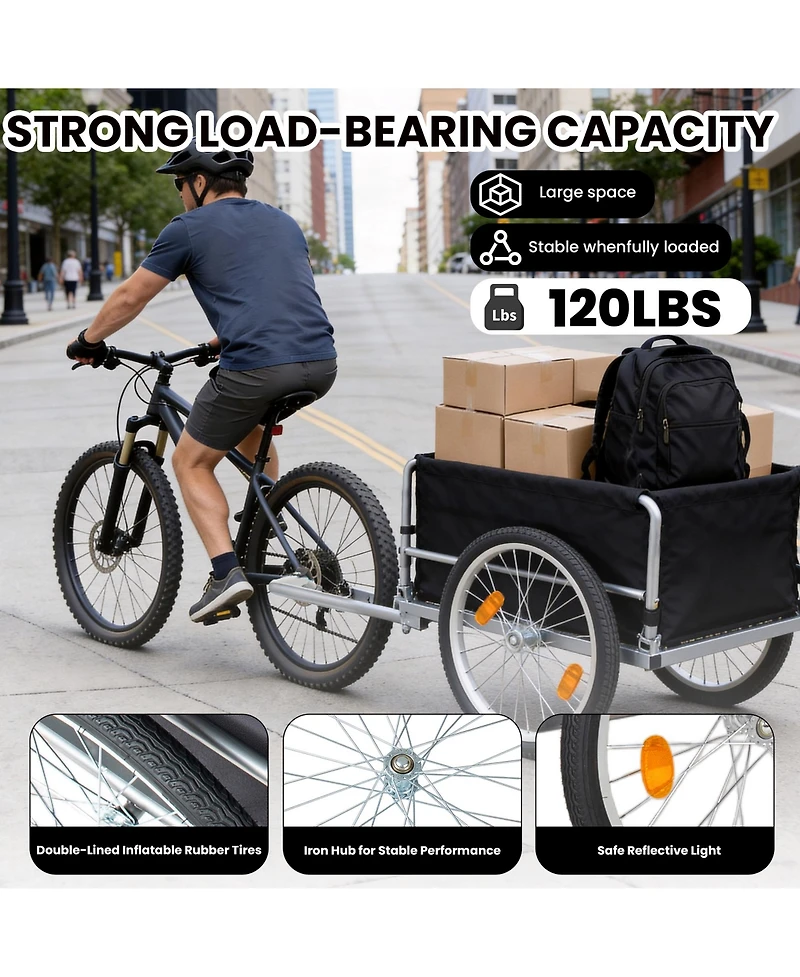 Rainsken Foldable Bike Cargo Trailer, Heavy Duty Bicycle Wagon Cart with 20'' Wheels, Removable Cover, 120 lbs Capacity for Luggage, Groceries