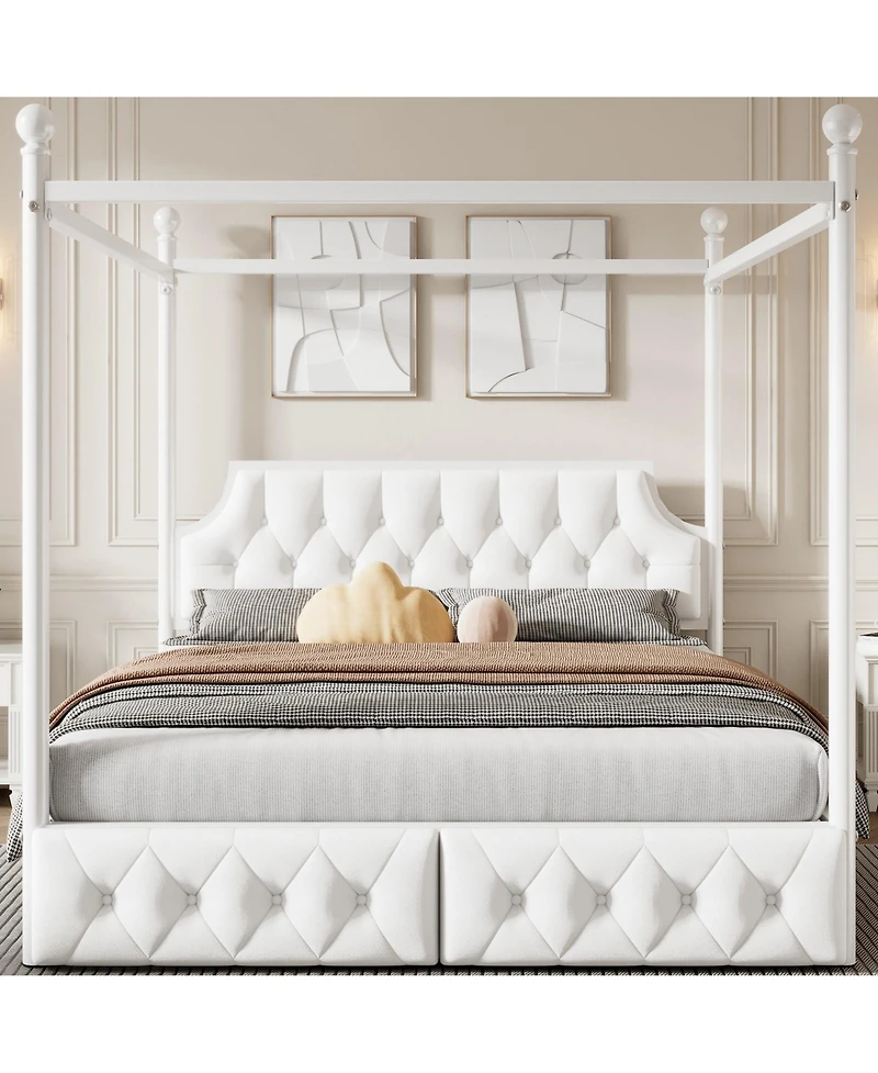 Lucky One Metal Canopy Platform Bed with Upholstered Headboard and Two Storage Drawers