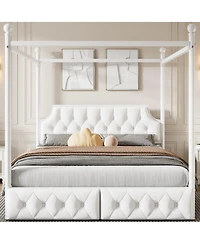 Lucky One Metal Canopy Platform Bed with Upholstered Headboard and Two Storage Drawers