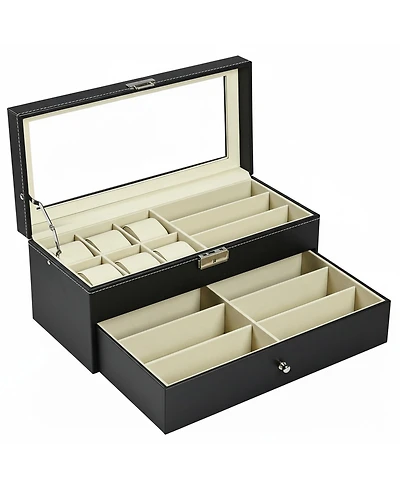 Yigii Leather 6 Watch Box 9 Eyeglasses Storage Lockable Organizer Two Levels Clear Glass Top