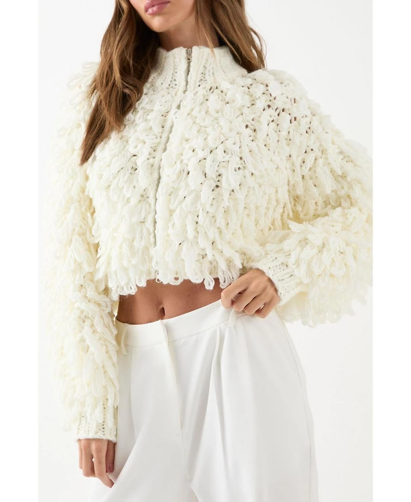 MissPap Women's Zip Up Cream Fringe Loop Cardigan